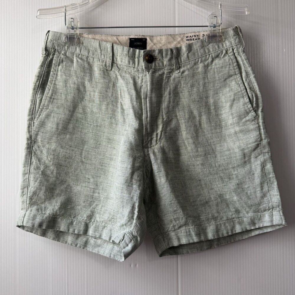 J.Crew 100 % Linen Shorts Mens 31/7 Inseam Light Green White Striped